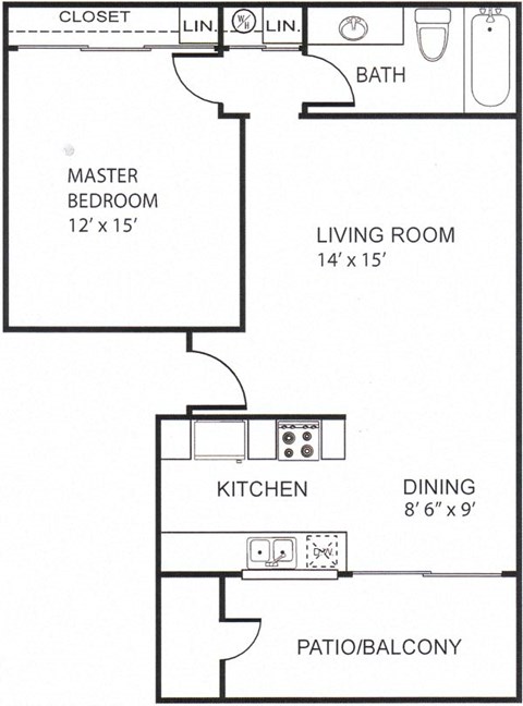 Floor plan for 1 bed, 1 bath, 692 sqft